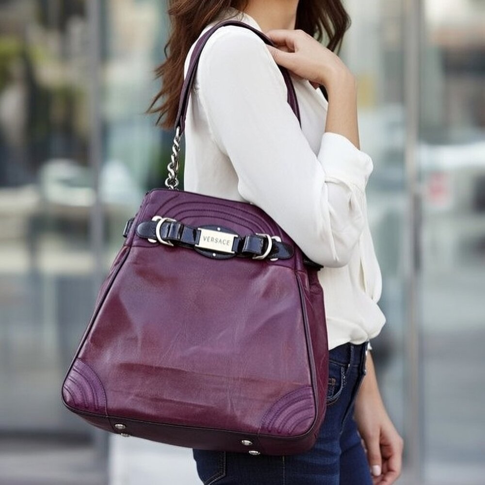 Rare Auth Versace Collection lambskin bag / TOTE Handbag Purse Burgundy